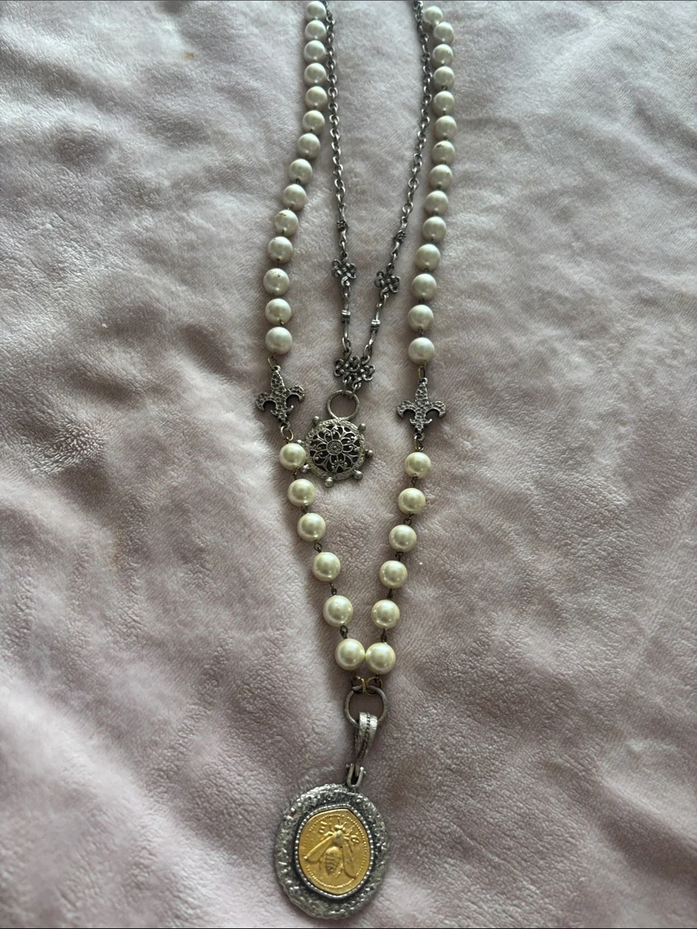 Free People White Pearl Layered Necklace with Gold & Silver Medallion
